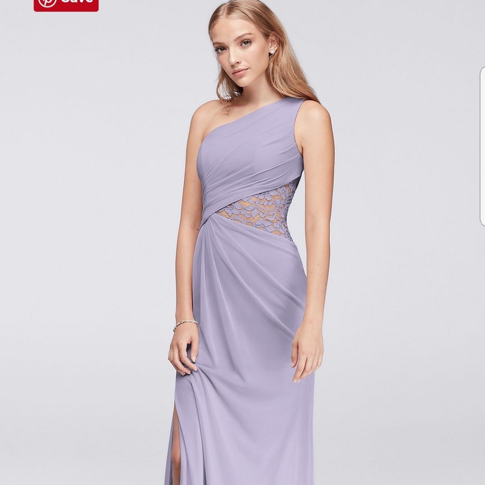 one-shoulder mesh iris dress with metallic lace inset